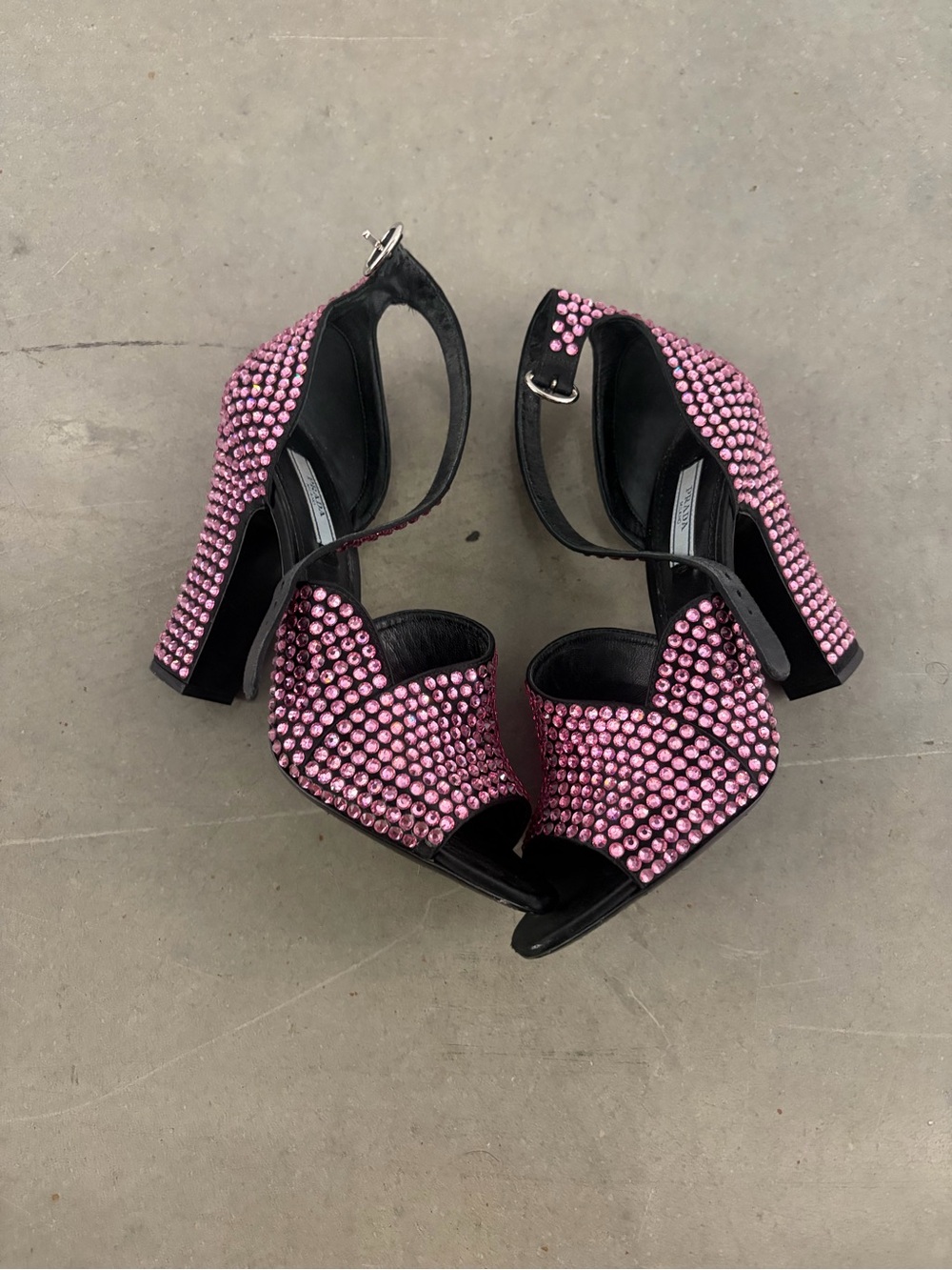 PRADA PINK CRYSTAL EMBELLISHED PLATFORM HIGH HEEL SANDALS